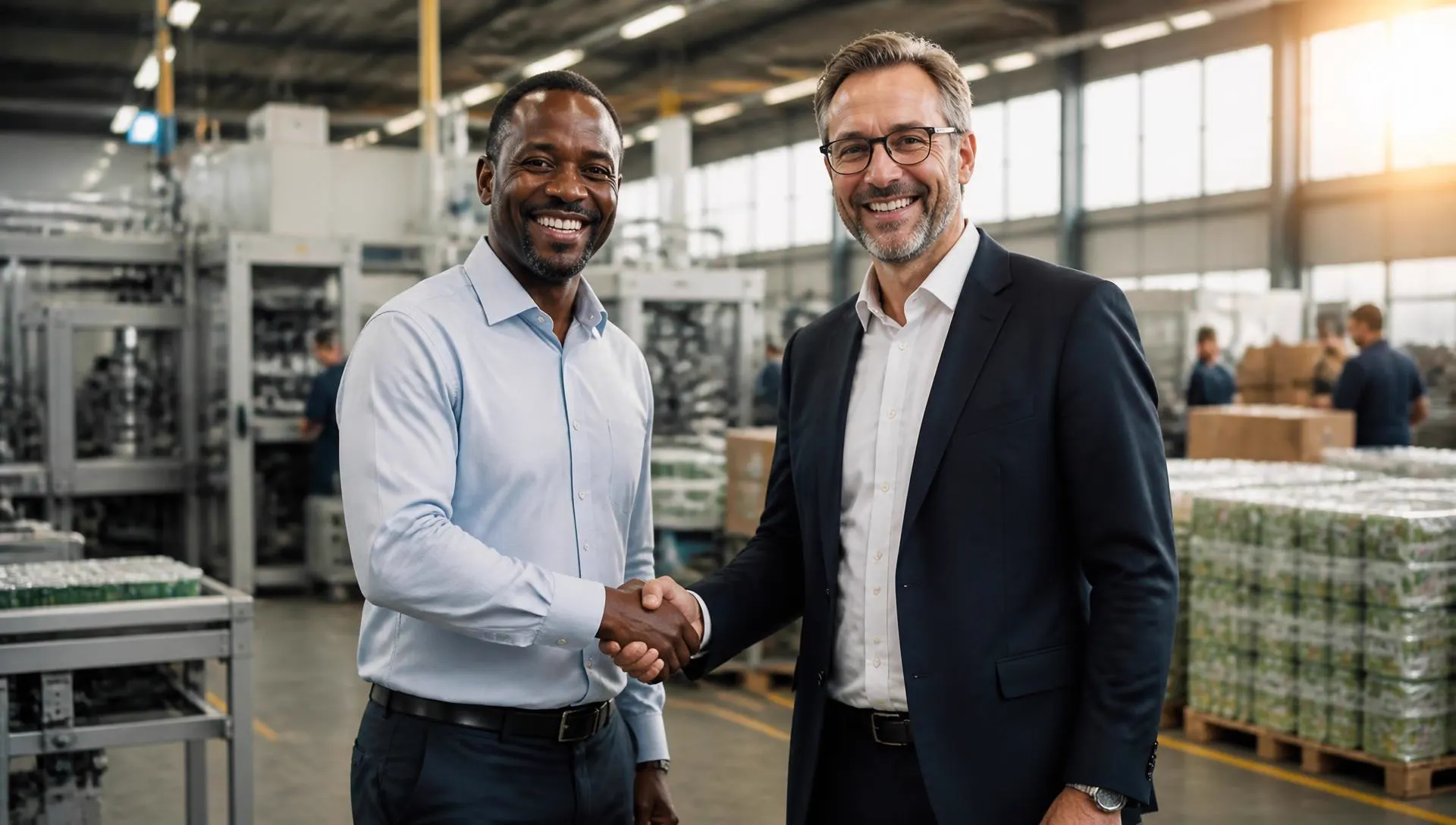 African entrepreneur shaking hands with an investor inside a modern manufacturing factory